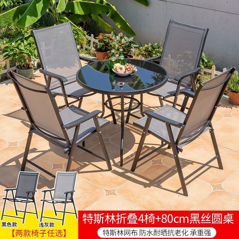 Tesla plegables 4 sillas + mesa redonda de seda negra de 80 cm