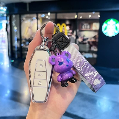 icar03 key set 23 new: Car key bag - chery-model-i-smart-3-button-single-shell-white-purple-violent-bear-pendant