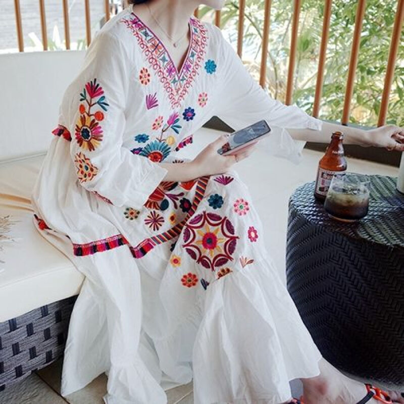 Summer Bohemian Seaside Vacation and Ankle Long Dress Thai Style Pregnant Women's Beach Dress Ethnic Style Women's Embroidery