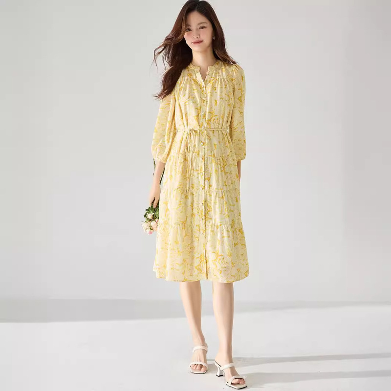 Clearance Sale: New French Style Gentle Yellow Tea Break Floral Long Dress, Vacation Style Waist-Cinching Slimming Dress 15560
