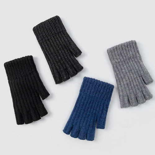 Half-finger gloves for male students in autumn and winter flip-top wool knitted thickened warm and cold-proof fingerless cycling cycling wholesale