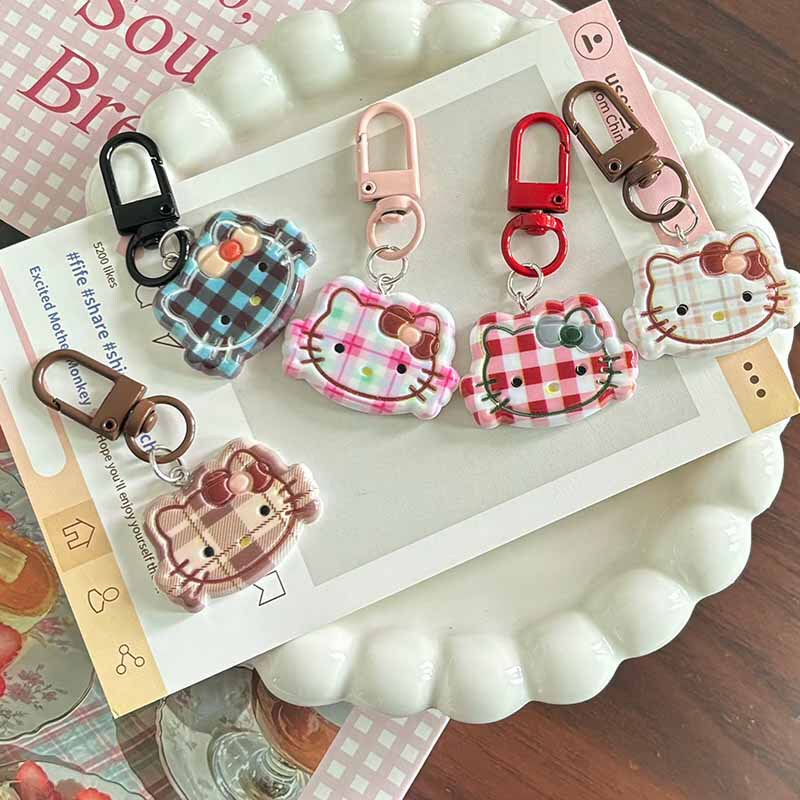 New Cute Plaid KT Cat Keychain Autumn and Winter Rice Cafe All-match Girl's Heart Schoolbag Pendant Girlfriend Couple Hanging
