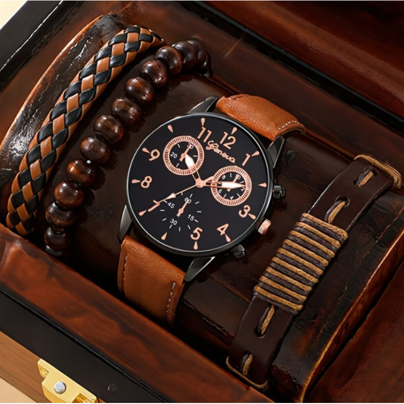 ‌ Men's Business Casual Quartz Watch Pu Leather Strap + Woven Bracelet Set Fashion All-Match Two Eyes Design
