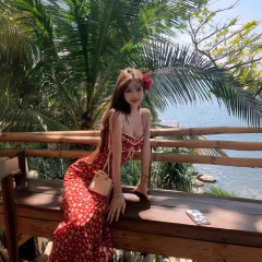 Jmshopうららかな夏の海辺のリゾートスカート女性の夏のミディアムロング/ショートタイプのウエストの花のスカートのワンピース