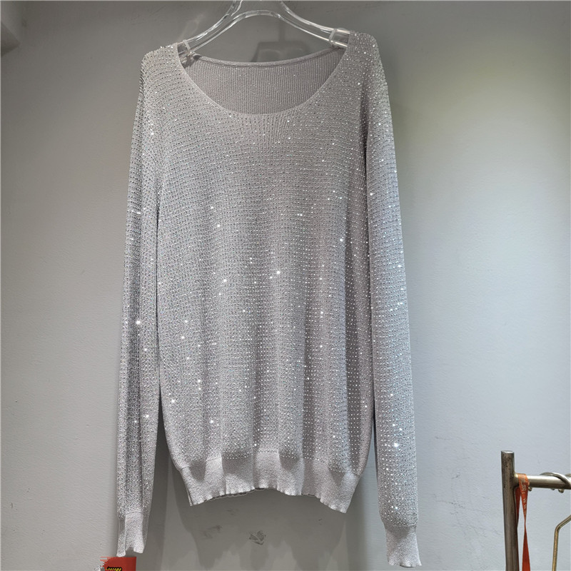 Suéter de perforación caliente de la industria pesada europea, mujer de cuello redondo brillante, chaqueta larga y media, nueva camiseta de punto de otoño y invierno es delgada. image 3