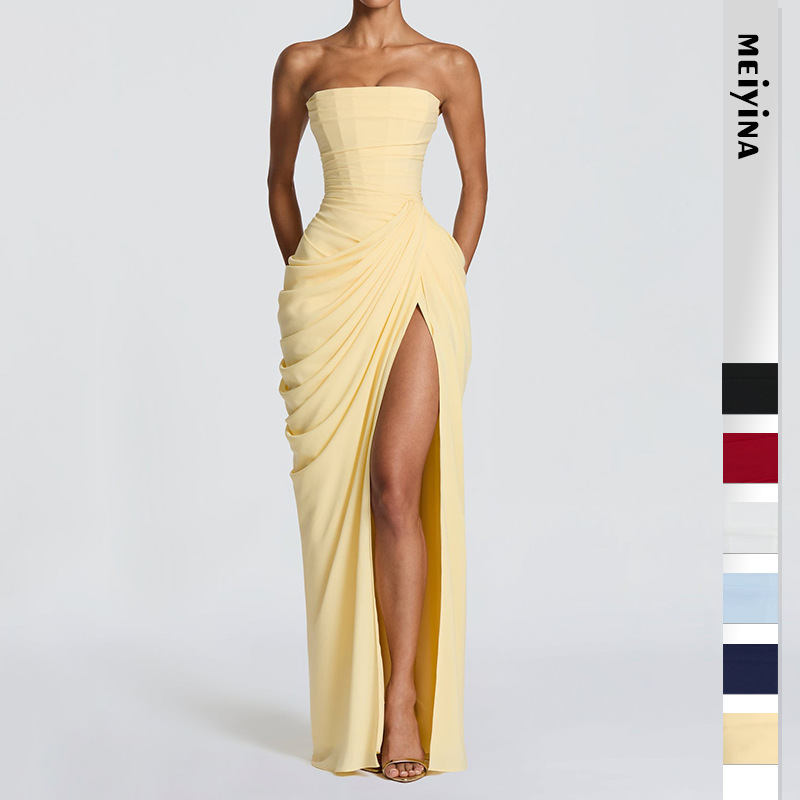 2026 European and American Cross-Border Women's Fashion New Style Strapless Ruched Slit Sexy Elegant Slim-Fit Long Dress Gown