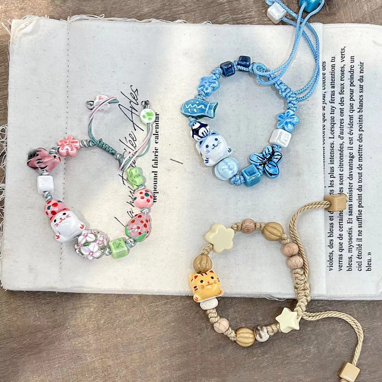 招财猫编织绳陶瓷手绳女卡通小幽灵手链情侣闺蜜小众可爱手饰批发