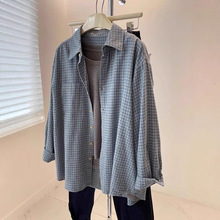 韩版复古磨毛蓝色格子长袖衬衫女2025春秋新款宽松慵懒风外搭上衣