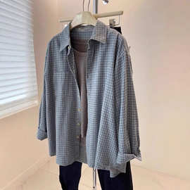 韩版复古磨毛蓝色格子长袖衬衫女2025春秋新款宽松慵懒风外搭上衣