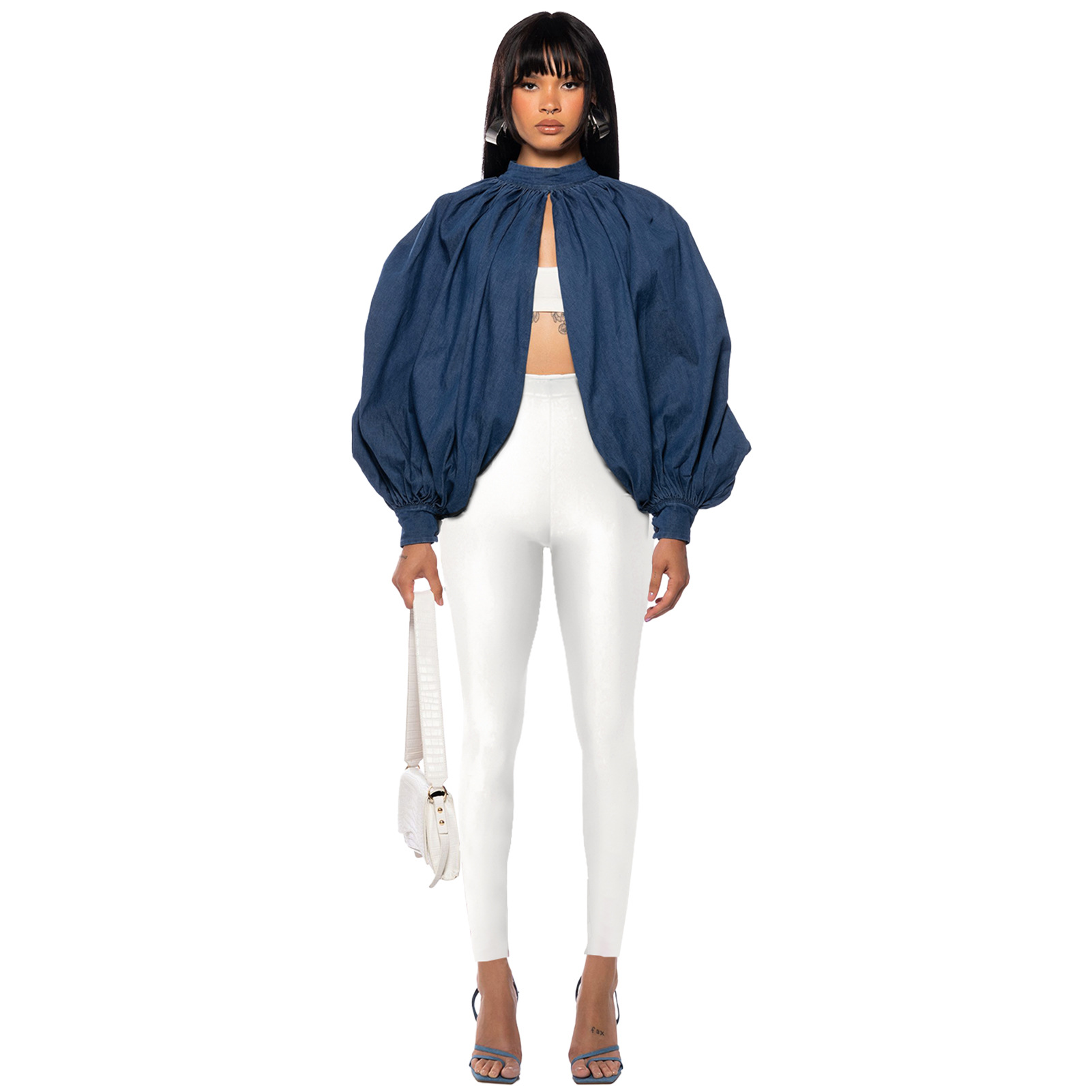 Fornitura di abbigliamento femminile, cardigan senza schienale con maniche a pipistrello e bottoni in denim alla moda_voghion.com