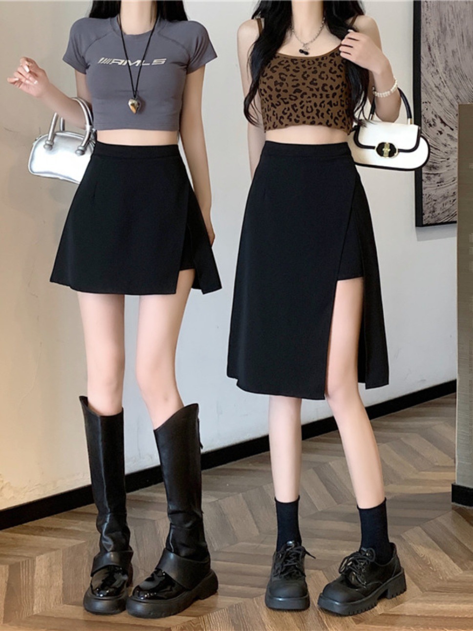 High-waisted, slit black midi skirt, summer 2024, stylish design, versatile for plus-size women, loose fit, lined for added coverage.