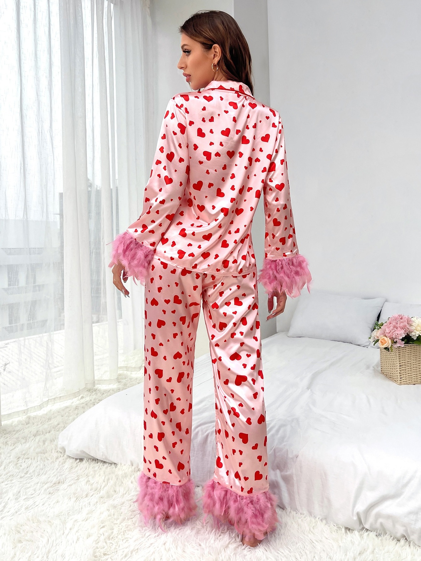 Polyester Fabric Type Pants Sets Sets Type 2 Pieces Set Quantity Home, Daily, Sleeping Occasion Home Daily Sleeping Women's Elegant Heart Shape Polyester Pants Sets Pajama Sets