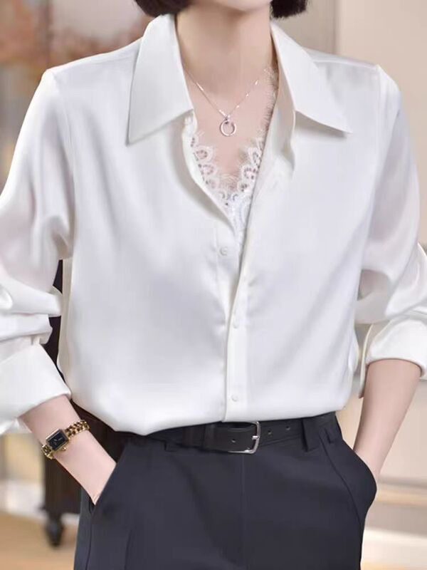 European high-end fake two-piece lace stitching single-breasted polo collar lining commuter long sleeve 2025 new style shirt