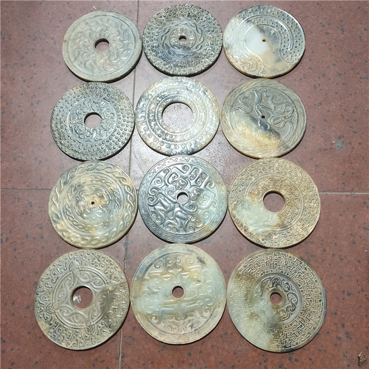 仿古做旧工艺品老岫玉战汉镂空玉壁高古玉双面工仿古玉器摆件挂件