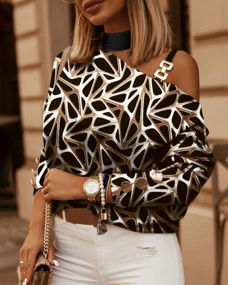 2022 Independent Station wish Amazon Explosions Autumn and Winter Long Sleeve Chain Neck Printing Button Decorative Jacket for Women