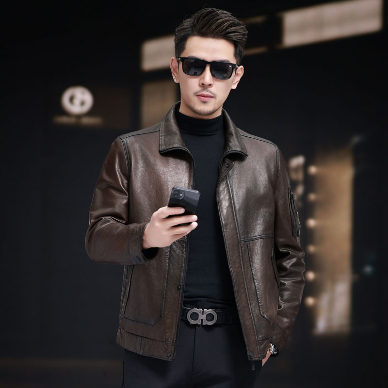 Haining Genuine Leather Men's Shirt Oil Wax Sheepskin Motorcycle Vintage Leather Jacket Fashionable Handsome Slim-fit Jacket Haining Genuine Leather Men's Shirt Oil Wax Sheepskin Motorcycle Vintage Leather Jacket Fashionable Handsome Slim-fit Jacket