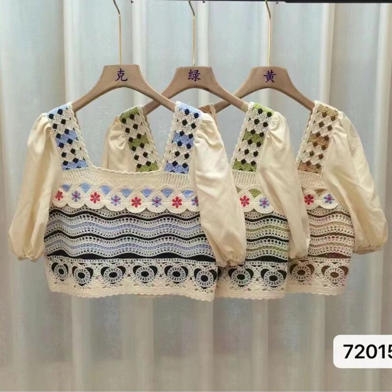 2023 Summer New Korean Style Sweet Square Collar Flower Hollow Crochet Chiffon Short Sleeve Top for Women 2023 Summer New Korean Style Sweet Square Collar Flower Hollow Crochet Chiffon Short Sleeve Top for Women