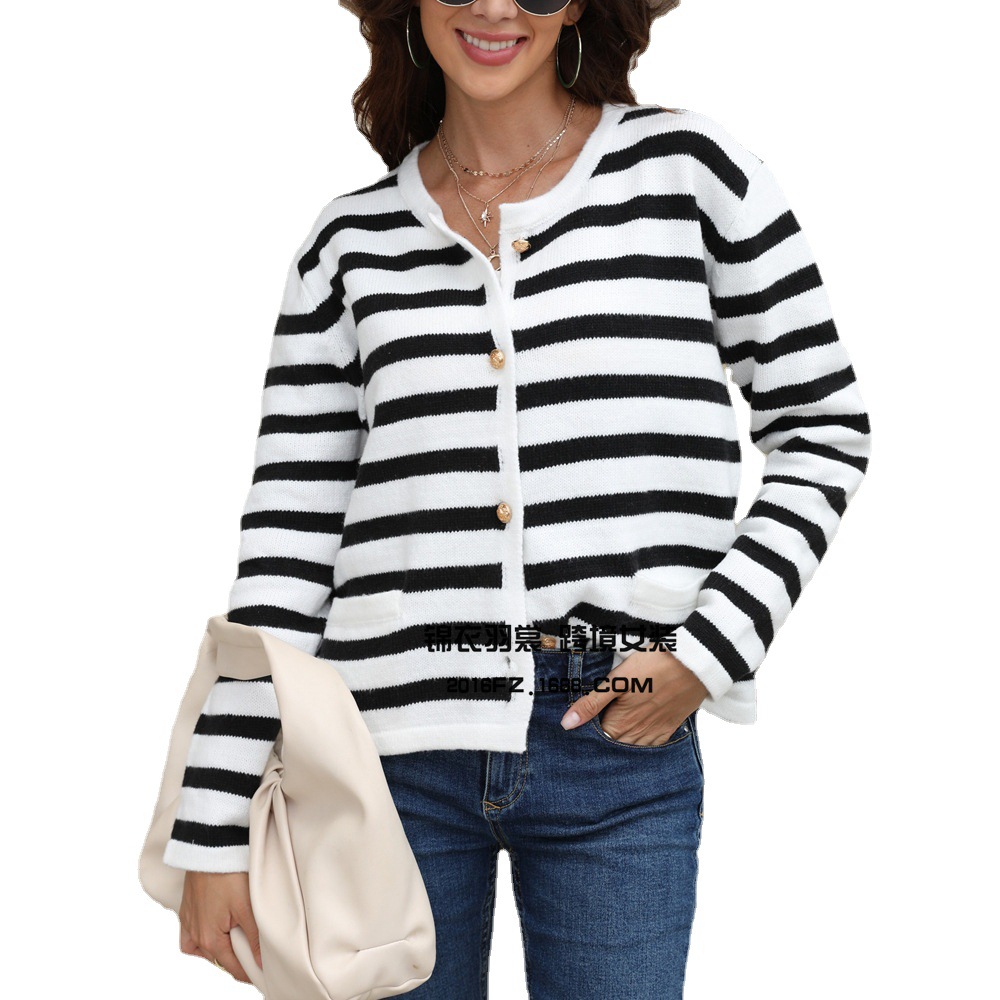2024 가을, 겨울 국경 유럽과 미국 대외 무역 대형 루즈 니트 스웨터 아마존 라운드 넥 스트라이프 가디건 여성용 스웨터