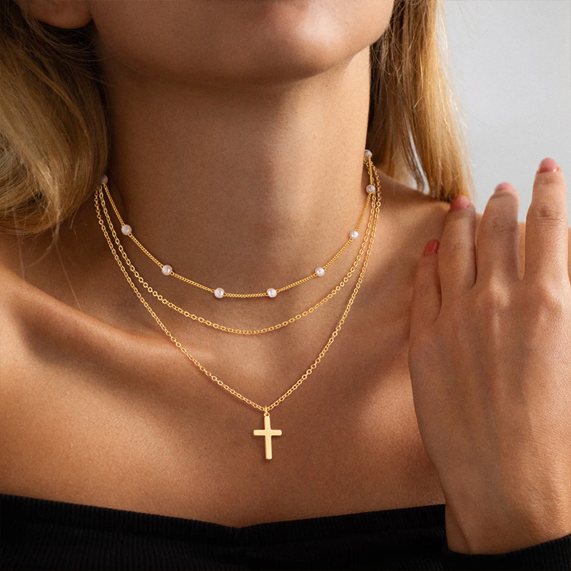 Luxury Gold-plated Pearl Cross Layered Necklace For Women_voghion.com