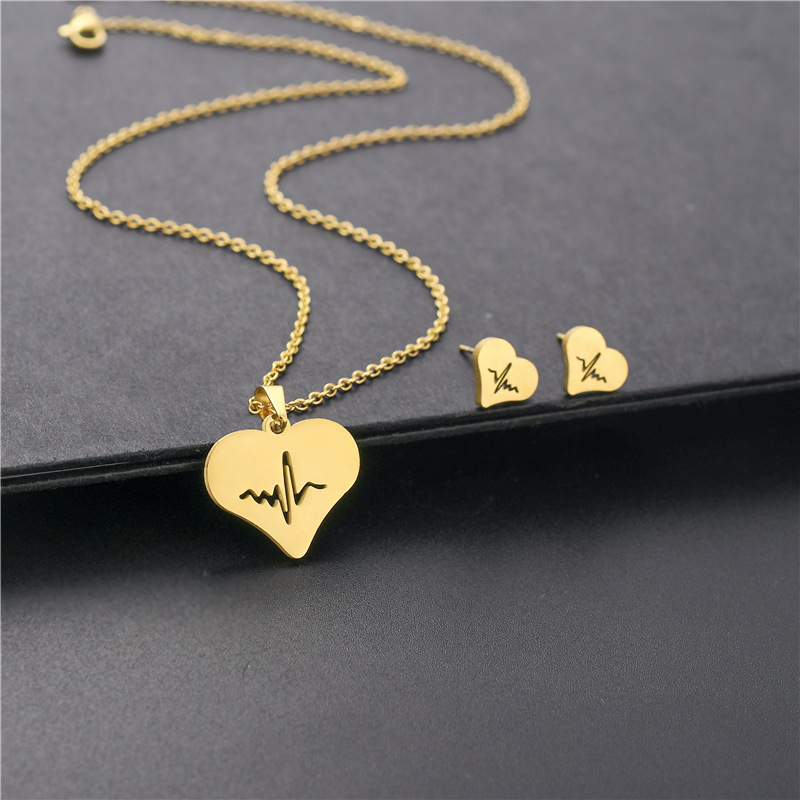hollow ECG pendant earrings stainless steel heart-shaped jewelry three-piece set