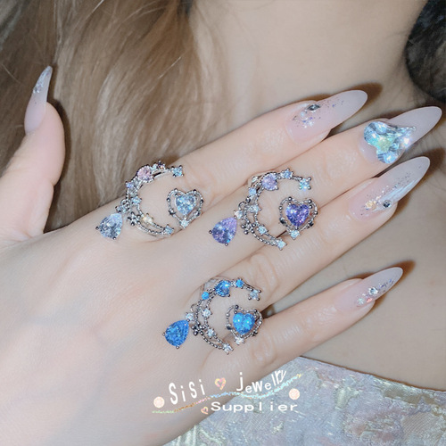 SIsi's original high-end Japanese luna super fairy palace ring gold-plated inlaid with bright aquamarine zirconium niche ring
