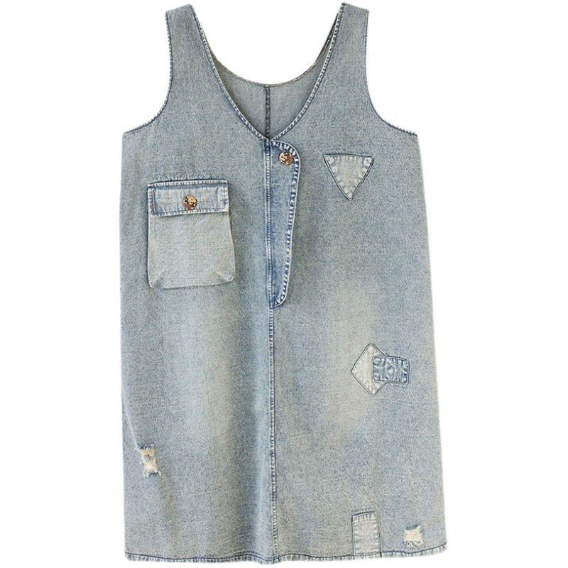 Реальный выстрел в наличии винтажный патч ленивый Повседневный джинсовый жилет платье модное свободное платье 323