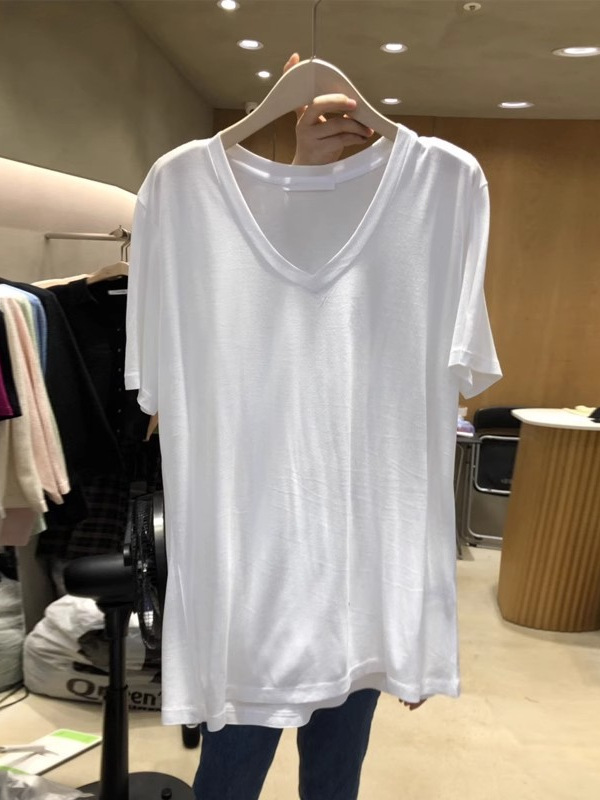 South Korea Dongdaemun Loose Plate for Spring and Summer Lazy Style V-Neck Belly Covering Lower Body Missing Short-sleeved T-shirt Women's Cotton Top