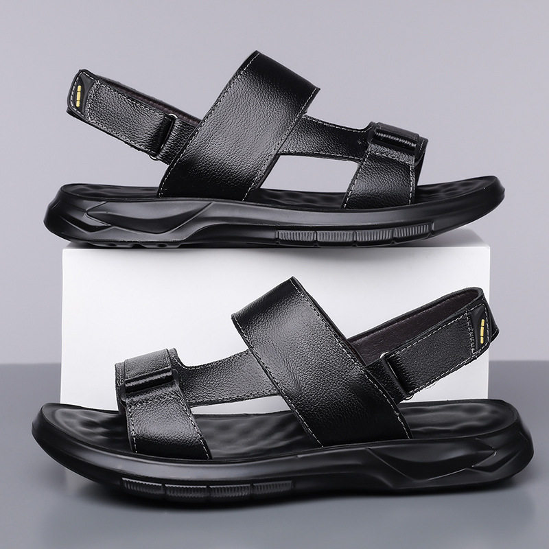 Dép sandal nam da bò đi biển quai dán đế dày mềm — Màu nâu, màu đen