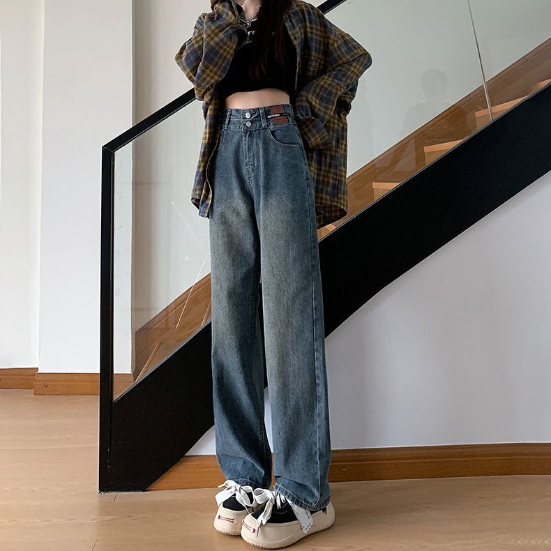 High-Waisted Double-Button Wide-Leg Jeans for Women, Autumn and Winter 2025 New Style, Petite Loose Floor-Length Straight-Leg Jeans