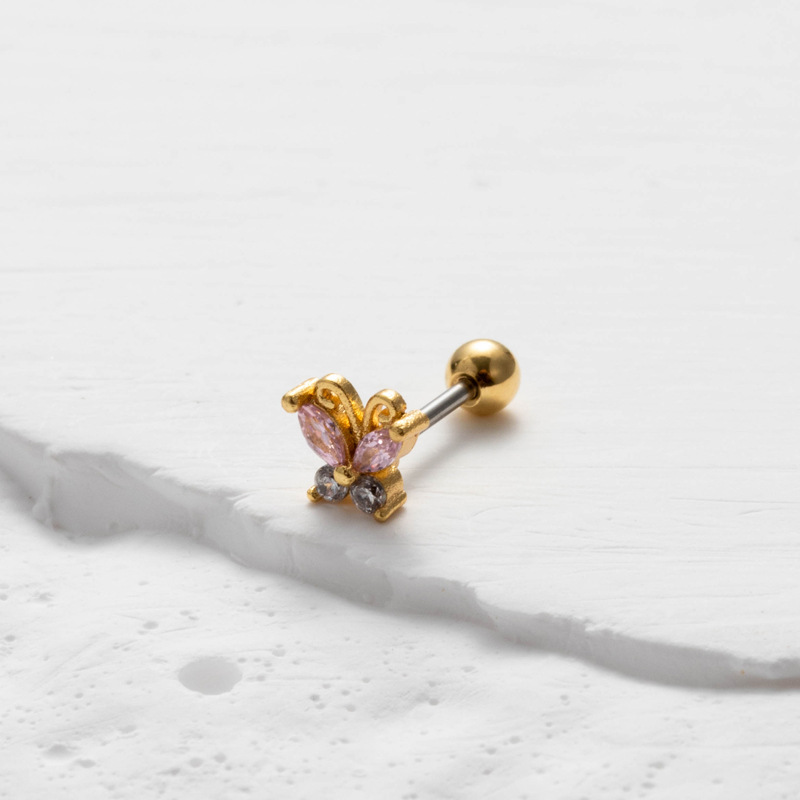 Nuevos pendientes de tornillo de doble cabeza de acero inoxidable de 0,8 polos de Henson, pendientes pequeños y frescos a la moda con forma de mariposa de circonio en polvo_voghion.com
