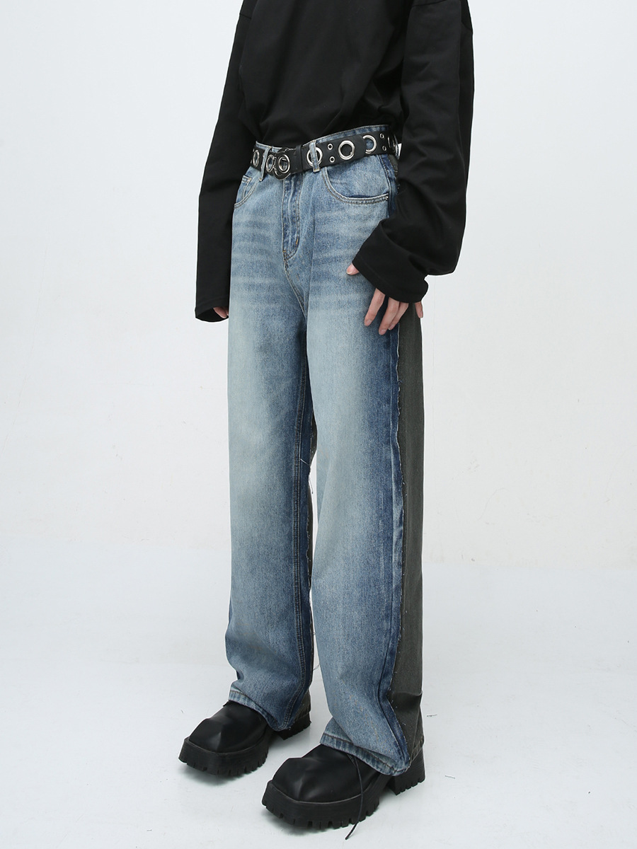 Mtlclothes ropa de Hombre | 2023 cuatro estaciones nuevo retro flojo recto azul y gris costura casual jeans