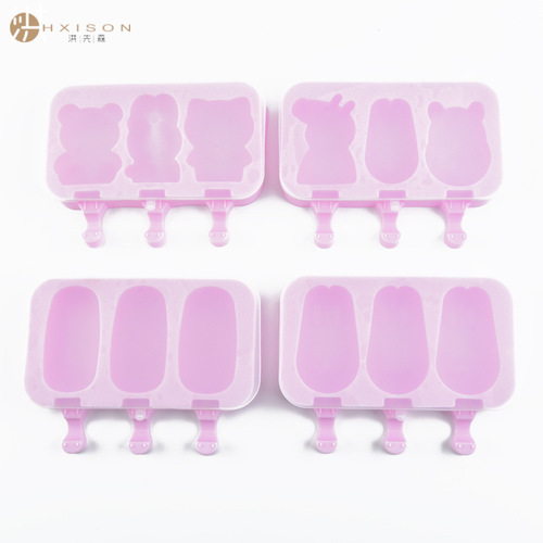 Creative silicone ice cream mold with lid 3-connected ice cream diy popsicle mold household ice tray summer making ice cream cartoon