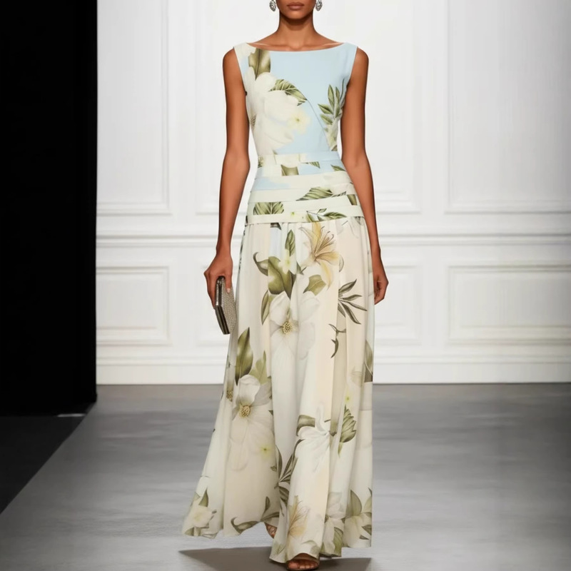 Women's New Fashionable and Elegant Boat-Neck Sleeveless Printed Dress with a Stylish Design, Waist-Cinching, Slim-Fitting A-Line Dress