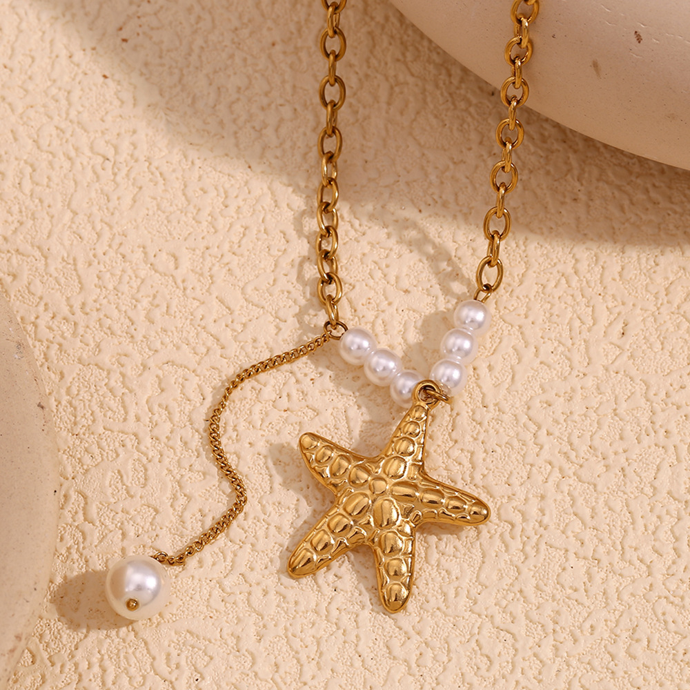 Starfish Imitation Pearl Fringe Stainless Steel Pendant Necklace