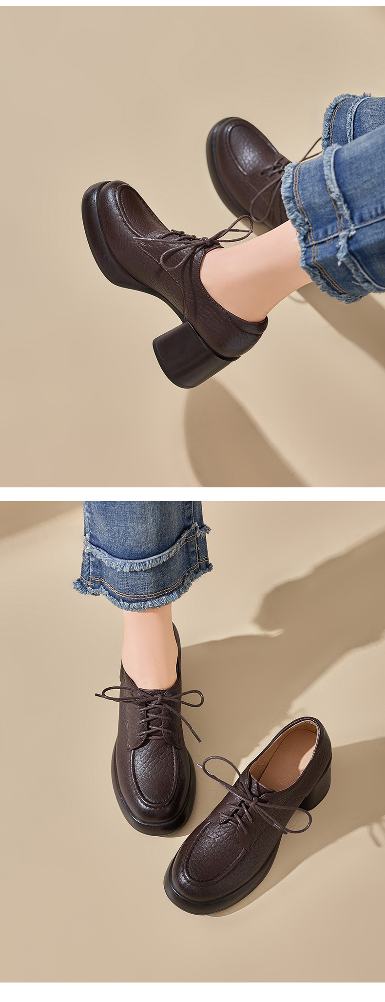 Giày cao gót nữ mũi tròn bít phong cách Anh quốc, gót 7.5 cm, dây buộc, da bò mềm — màu nâu chi tiết 5