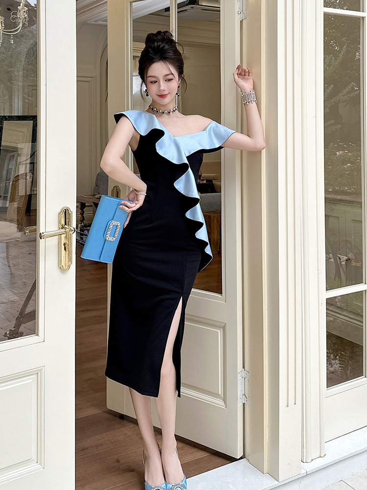 Đầm bodycon xẻ tà một vai bèo nhún eo thon gợi cảm — đen