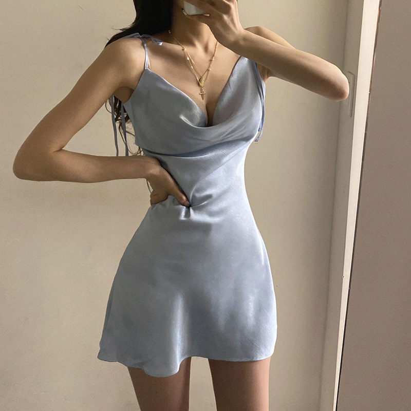 summer solid color satin girdling backless suspender dress NSGWY117507