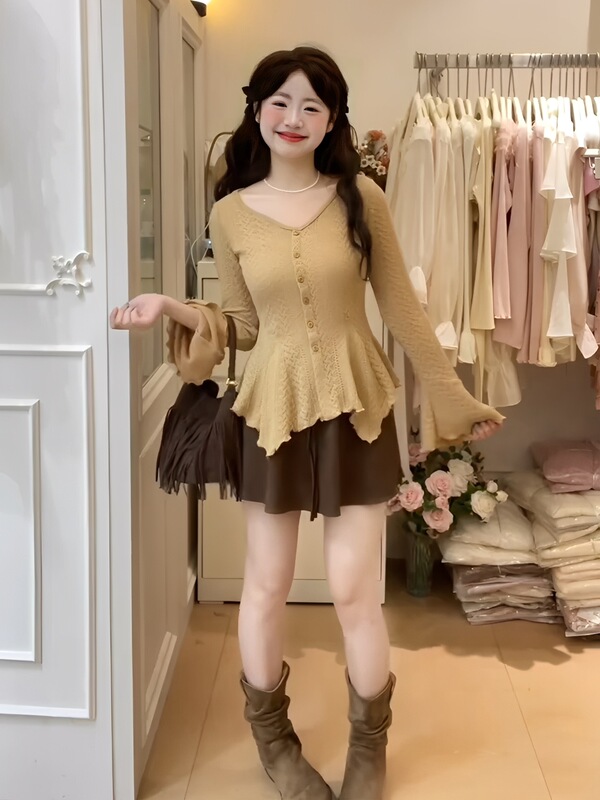 法式早秋氛围穿搭掐腰喇叭袖上衣女2025年秋季针织小衫设计感小众|undefined