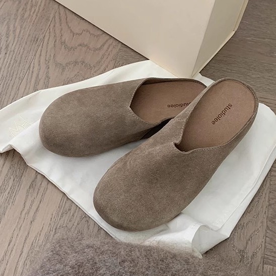 Versión de cuero de vaca ~ la uva de la madre con el mismo retrógrado un pedazo de zapatillas de botón Muller mitad de zapatillas de botón de mujer