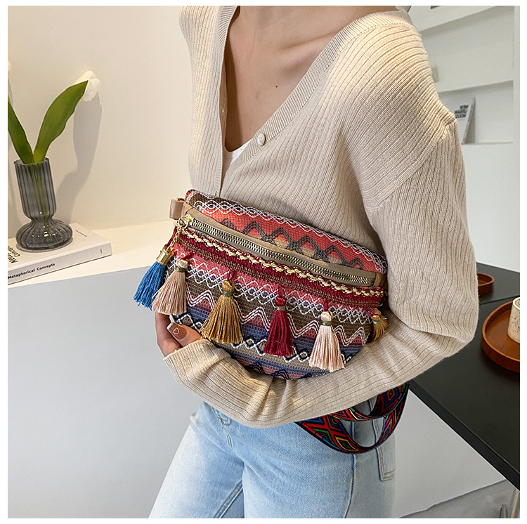 Venda quente pequeno peito perfumado tecido estilo étnico cor contrastante borla nova fita cintura bolsa crossbody tendência_voghion.com