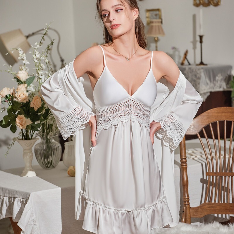 Sexy Hollow Pure Desire Morning Gown Sexy Strap Nightgown Ice Silk Nightgown Honeymoon Two-piece Silk Pajamas with Chest Pad
