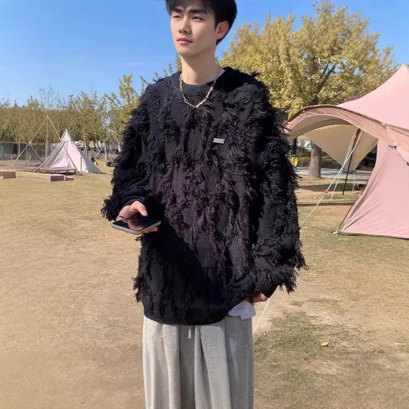 Original Dark Style Personality Frayed Edge Hollow-Out Designer Loose Cool Shirt for Men, Fashionable Niche Tassel Knitwear