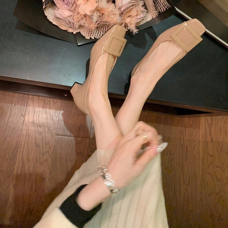 現物羊皮版 ~ 角ボタン通勤太ヒール角頭気質ハイヒール単靴女性本革ソフト底メアリー珍靴|undefined