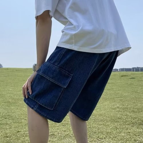 Men's Summer American Retro Knee-Length Six-Front Cargo Denim Shorts Loose Wide Leg Five-Front Pants
