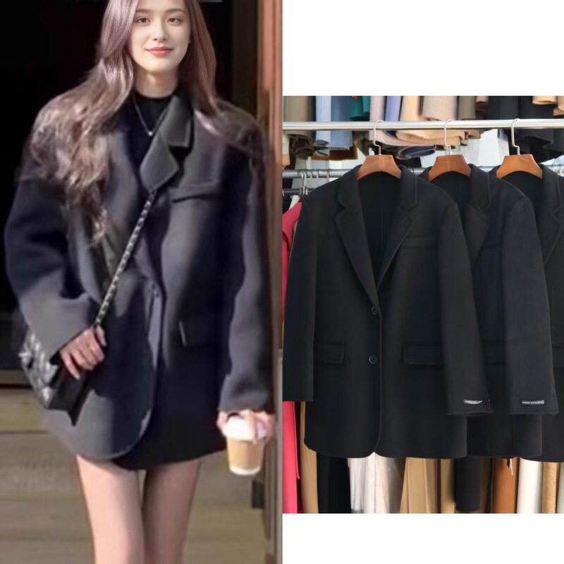 High-End Black Wool Double-Sided Woolen Suit Jacket for Women, Autumn and Winter Retro Loose-Fitting Short Woolen Coat for Petite Figures High-End Black Wool Double-Sided Woolen Suit Jacket for Women, Autumn and Winter Retro Loose-Fitting Short Woolen Coat for Petite Figures