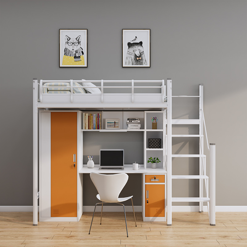 School dormitory bed, single iron frame bed with desk under the bed and cabinet combination, integrated high-low bed for staff dormitory