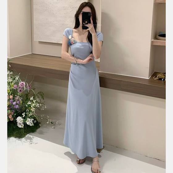 Summer New Women's Holiday Style Tight Waist Slimming A- line Long Skirt Stereo Flower Blue White Square Collar dress