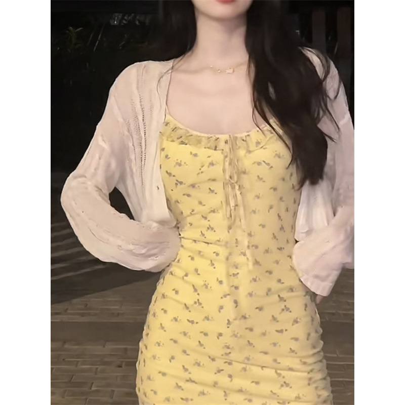 甘いスタイルのウエスト花柄サスペンダースカートスーツ女性のための夏の薄いカーディガンスリムホットガールドレス|undefined