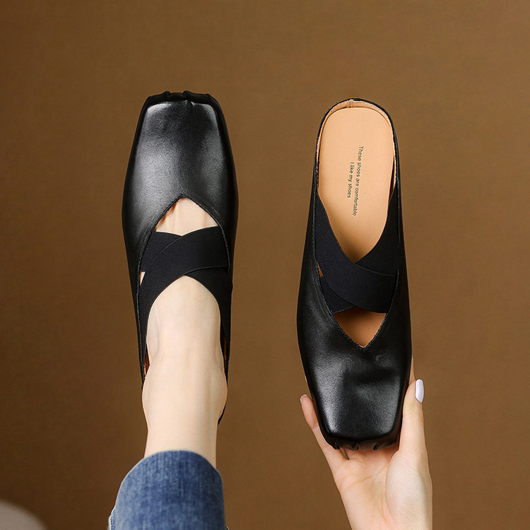 Giày búp bê mũi vuông retro da ngựa, quai sau hở, dép sandal mới hè — đen