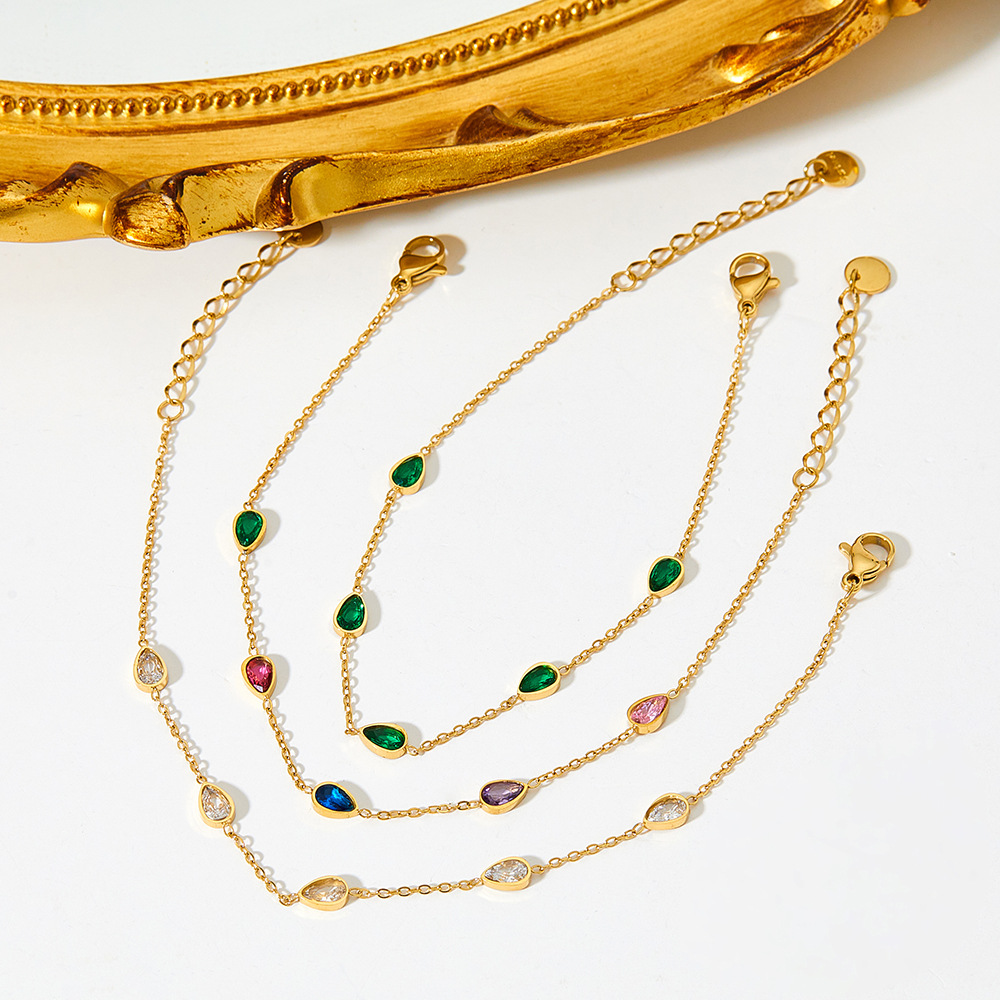 Sweet Water Droplets Heart Shape Stainless Steel Titanium Steel Gold Plated Zircon Bracelets Anklet 